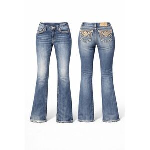 Miss Me 32 Mid-Rise Boot Jeans TRIBAL Embellished WHISKERING THICK STITCH